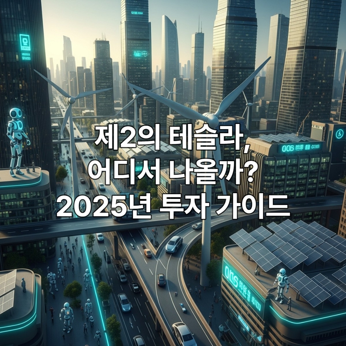 2025년 미래 기술이 집약된 도시 전경, 자율주행차와 로봇이 조화롭게 작동하며 친환경 에너지가 활용되는 모습