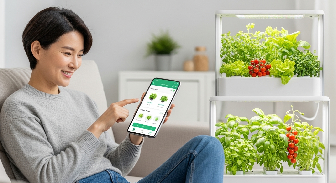 한국인 남성 또는 여성이 스마트폰 앱으로 스마트팜 식물의 성장 상태를 편리하게 확인하고 있는 모습