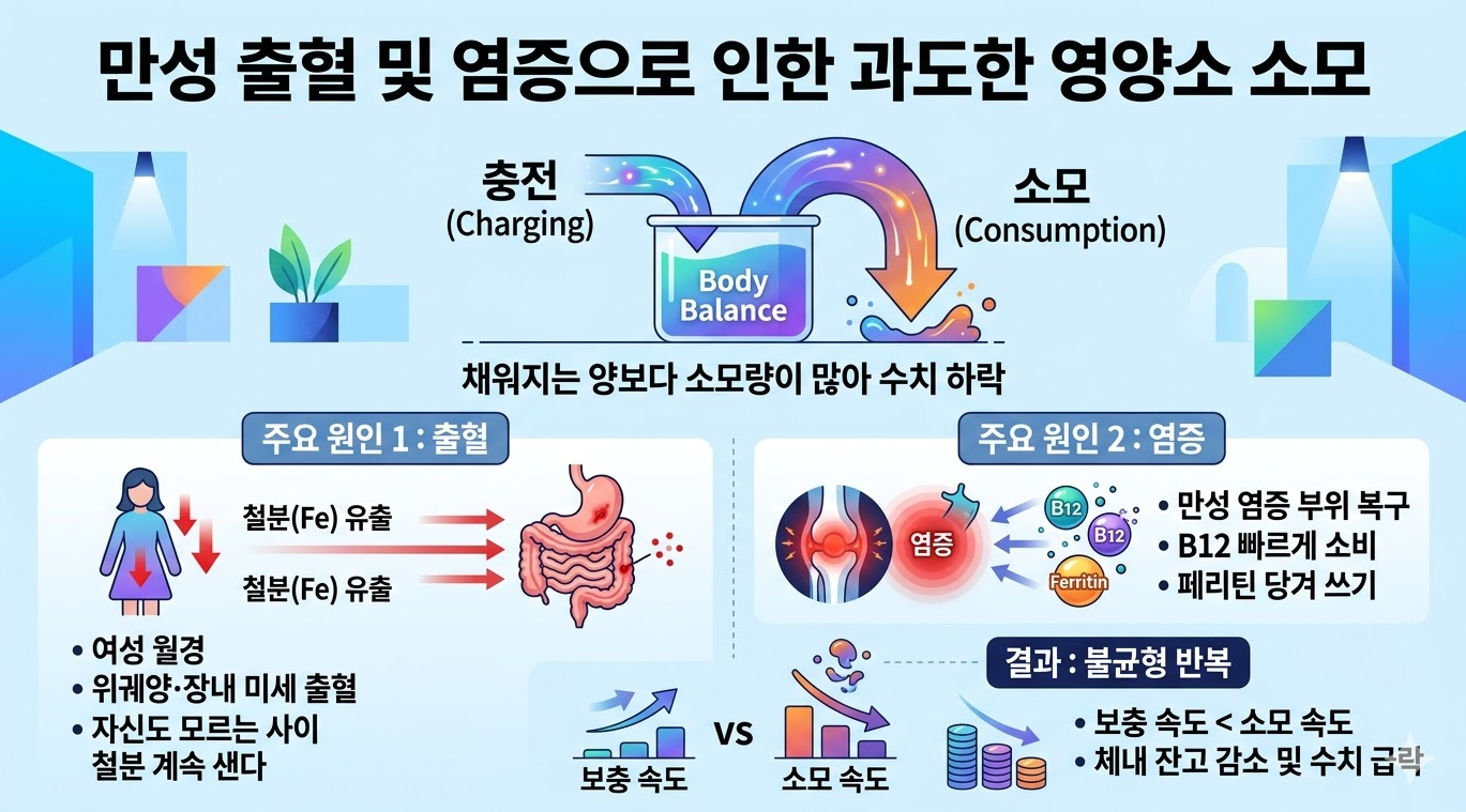 만성 출혈과 염증으로 페리틴과 B12 수치 감소 과정 설명 이미지