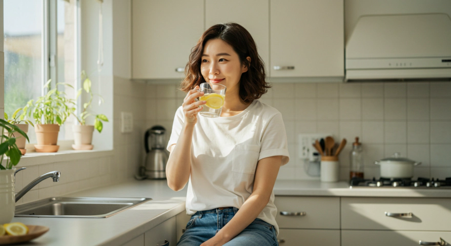 따뜻한 레몬수를 마시며 다이어트를 시작하는 한국인 여성