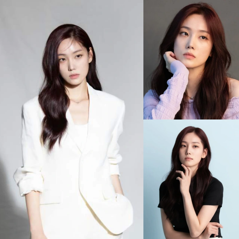 흰 정장을 입고 있는 한재이와 검은 반발 또는 밝은 남보라색 티셔츠를 입고 있는 여러장의 배우 한재이 사진 모음