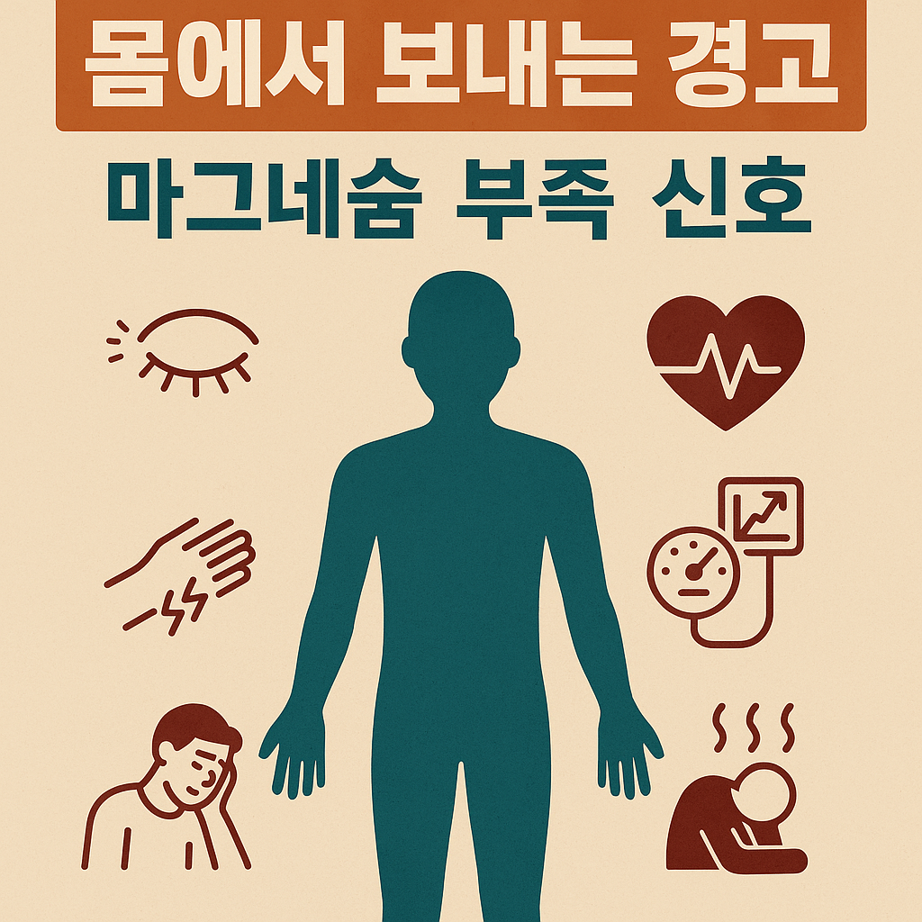 마그네슘 부족으로 인한 증상을 인체 실루엣과 아이콘으로 표현하고 '몸에서 보내는 경고, 마그네슘 부족 신호'라는 문구가 들어간 썸네일 이미지
