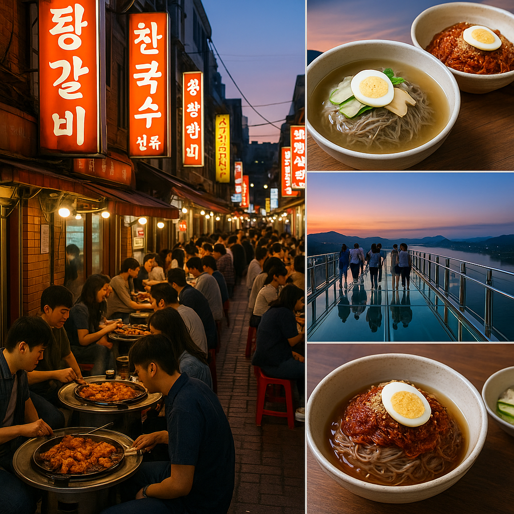네온사인으로 물든 명동 닭갈비 골목과 시원한 막국수, 그리고 황혼빛 소양강 스카이워크가 어우러진 풍경
