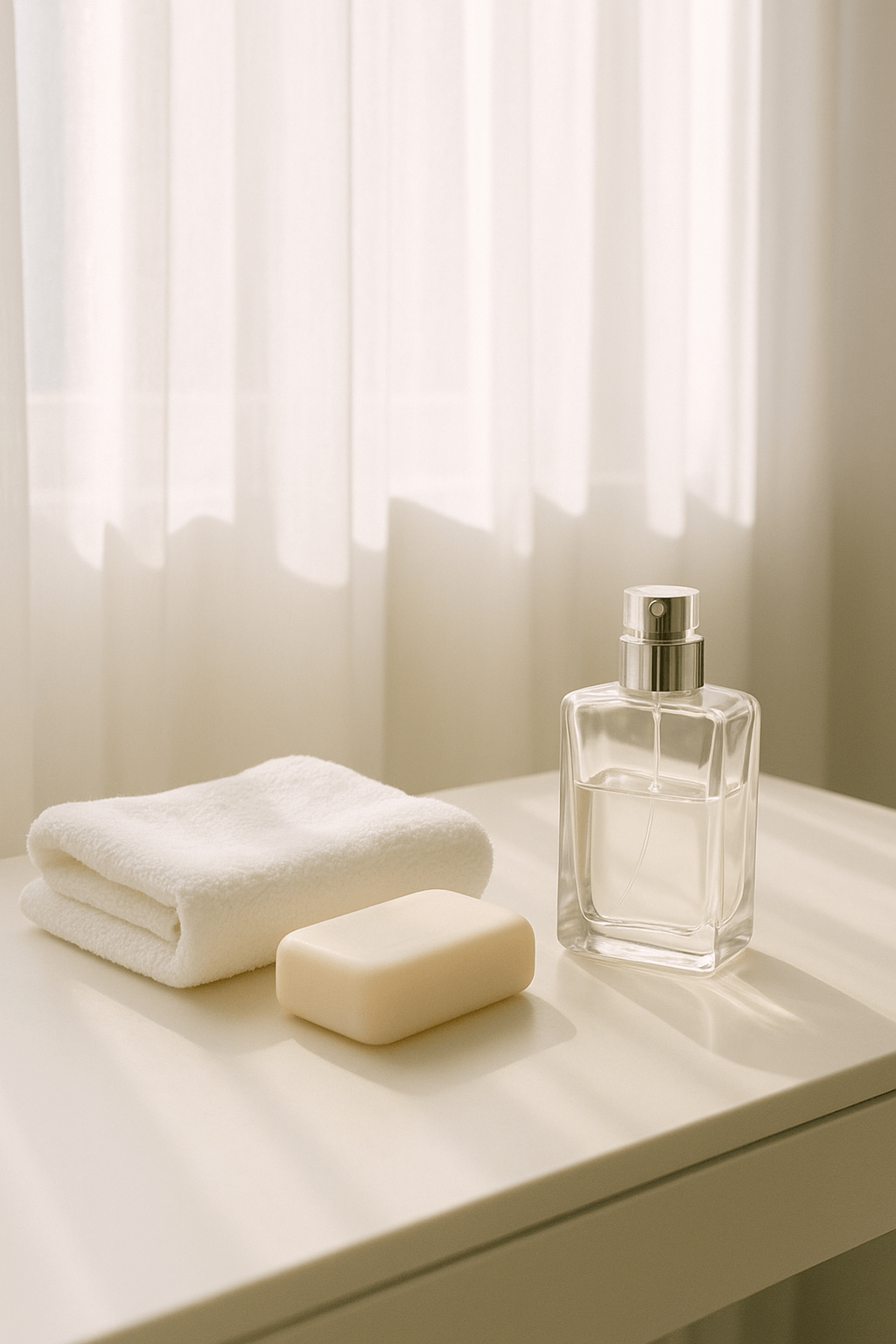 하얀 면 타월, 아이보리 비누, 투명 향수병이 놓인 미니멀한 화장대. 햇살이 커튼 사이로 들어와 밝고 청결한 클린 걸 분위기를 자아낸다.
