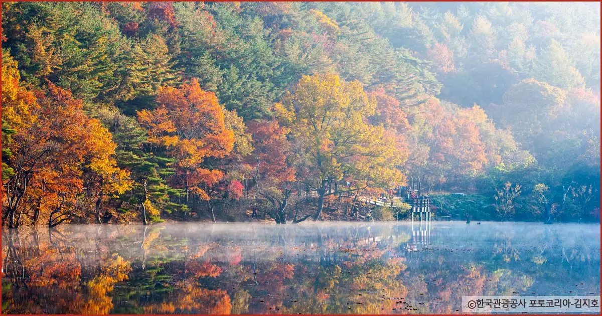 주산지 호수와 호수에 비친 단풍