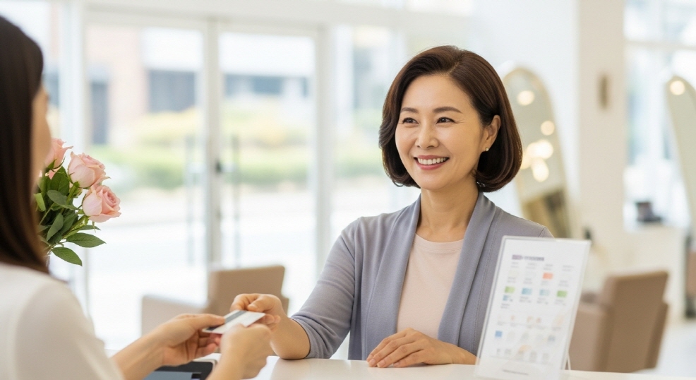 미용실에서 결제하며 웃는 50대 여성