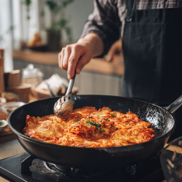 김치전을 부치기 시작하는 남성