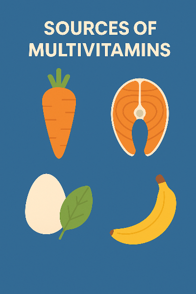 당근, 연어, 계란, 바나나 등 종합비타민 성분이 자연적으로 함유된 주요 식품을 플랫 아이콘 형태로 정리한 이미지로, 종합비타민의 음식 기반 공급원 개념을 시각적으로 보여줌. 균형 잡힌 식단의 중요성을 함께 강조한다.
