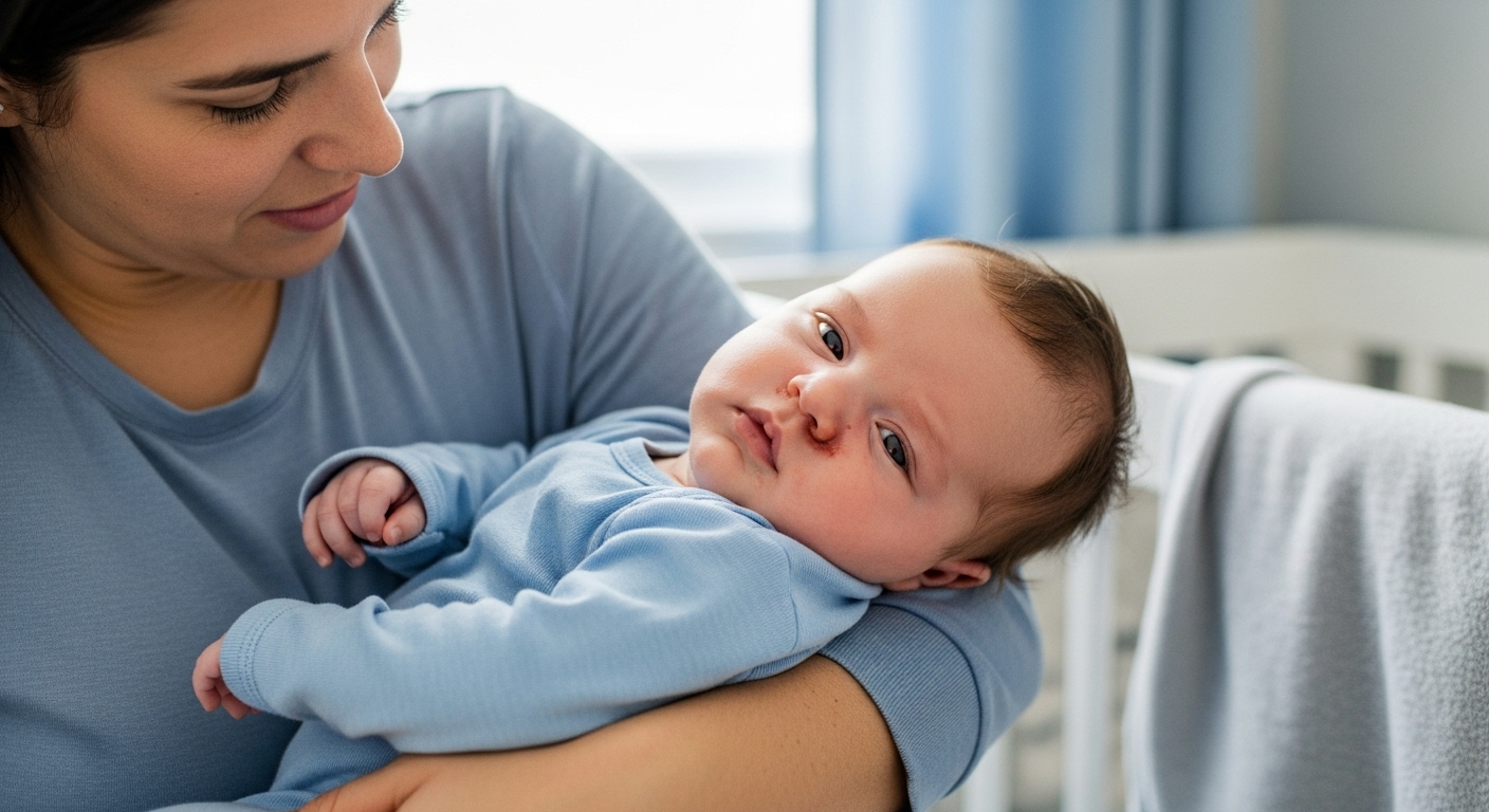 코가 살짝 붉고 콧물이 비치는 아기를 걱정스러운 눈빛으로 부드럽게 안고 있는 부모의 모습.