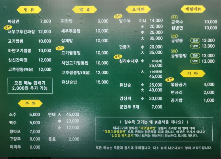 넘버1고기짬뽕 전체 메뉴판 &ndash; 짬뽕&amp;#44; 짜장면&amp;#44; 밥류&amp;#44; 요리류&amp;#44; 계절메뉴&amp;#44; 주류까지 상세하게 정리된 이미지