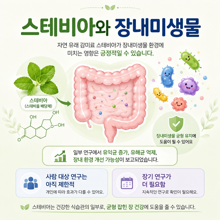 장내 다양한 미생물을 부드러운 의료 인포그래픽으로 표현하고 스테비아와의 관계를 중립적으로 나타낸 이미지.