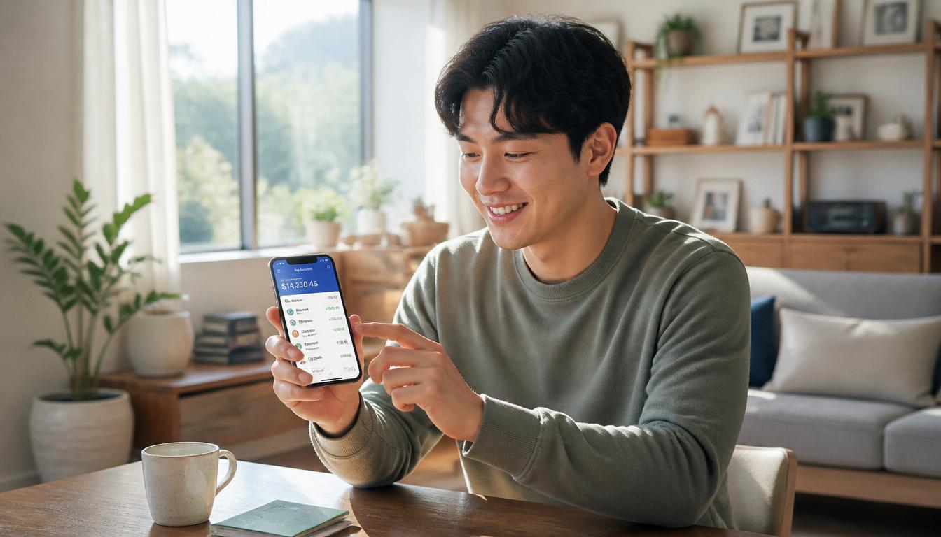 밝은 거실 책상에서 스마트폰 모바일 뱅킹 앱을 켜두고 파킹통장 이자 수익을 확인하며 만족스러운 표정을 짓고 있는 30대 한국인 남성의 모습.