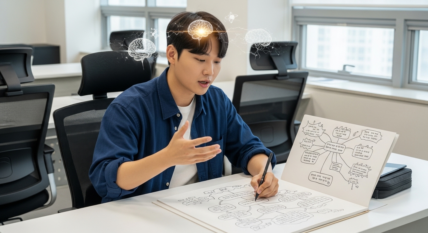 능동적인 학습 전략으로 개념을 설명하거나 마인드맵을 그리는 한국인 학생의 몰입된 모습