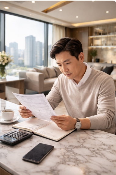 고급 주택 관리비 고지서를 확인하며 항목을 점검하는 모습