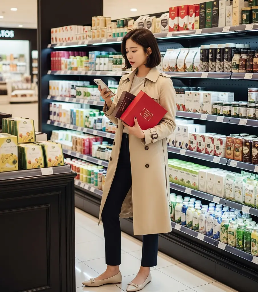 매장에서 다양한 정관장 제품의 성분을 스마트폰으로 비교하며 신중하게 고르는 20대 한국 여성