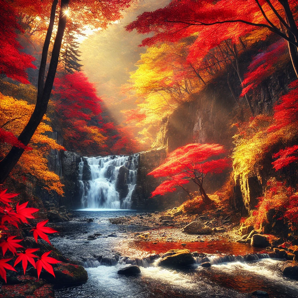 울산 신불산 폭포의 가을 전경. 울긋불긋한 단풍나무에 둘러싸인 폭포가 바위 절벽을 따라 흐르고 있다. 나뭇잎 사이로 비치는 햇살이 따뜻한 금빛을 연출하며&amp;#44; 물 위에 떠 있는 단풍잎들이 가을의 아름다움을 더하고 있다.