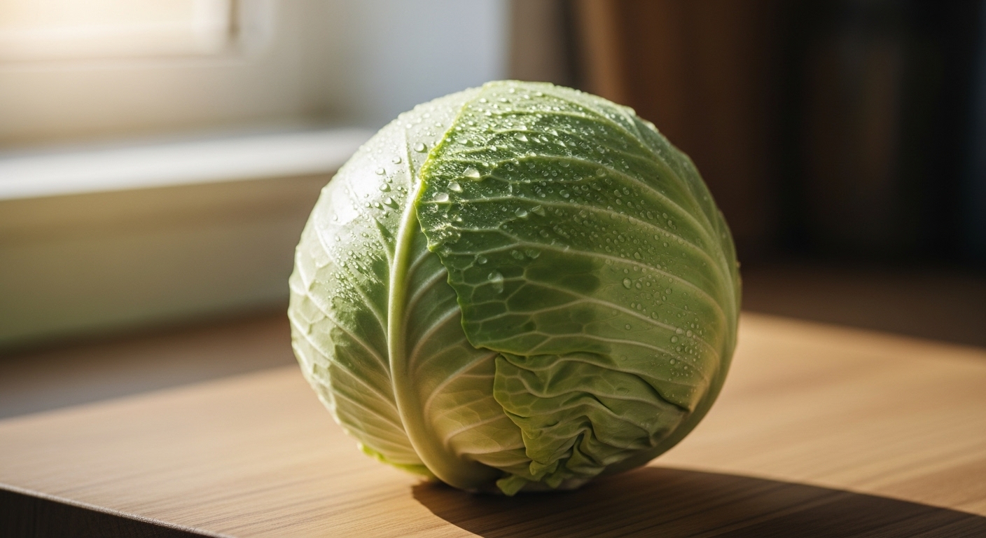 위 점막 보호와 재생에 효과적인 비타민 U가 풍부한 신선한 양배추와 아침 주방 풍경