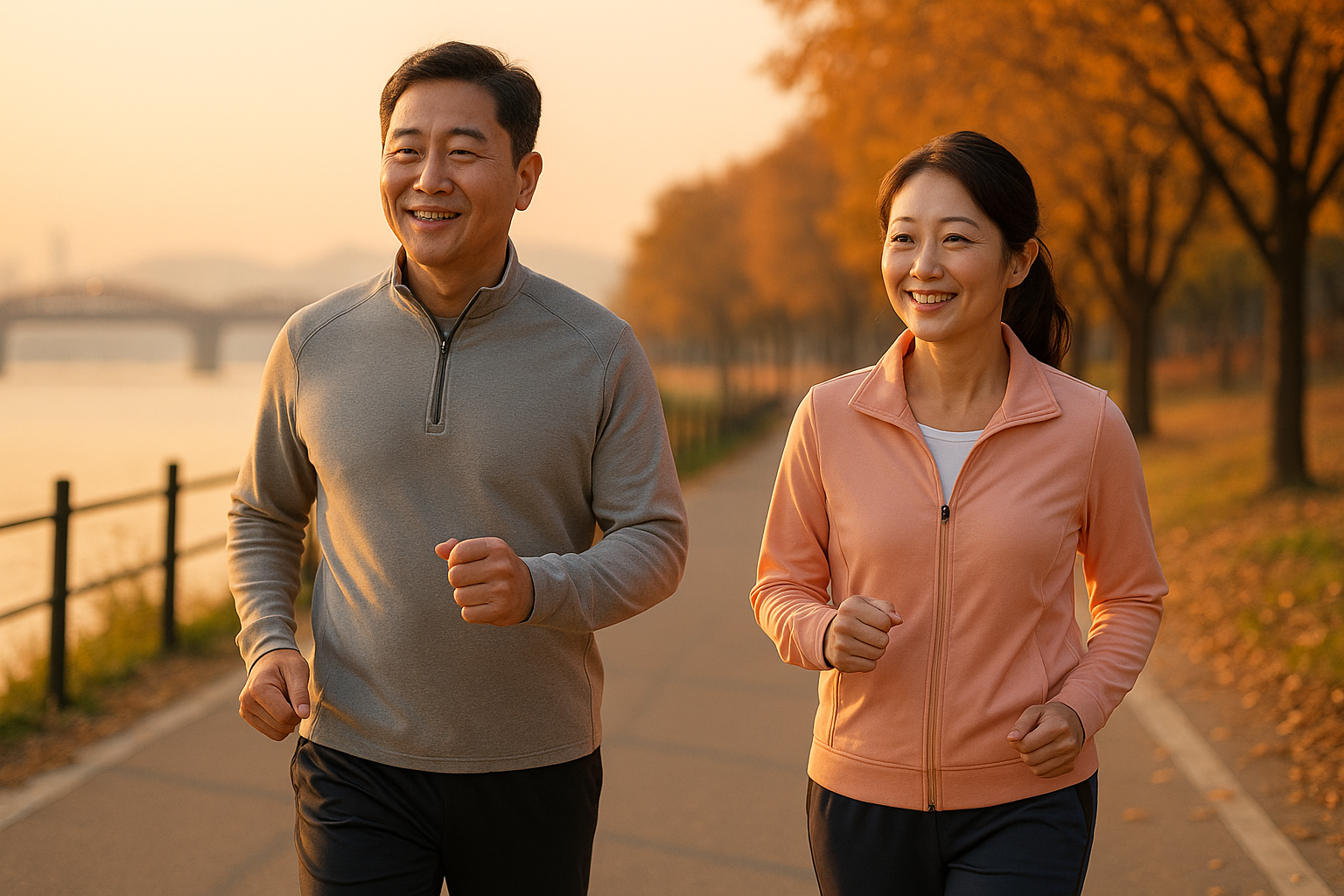공원에서 가벼운 조깅을 하는 중년 남녀