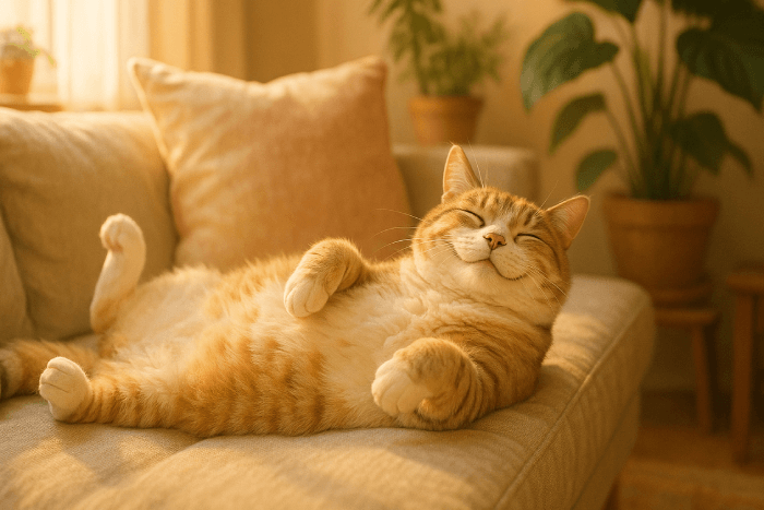 편안한 거실 소파 위에서 행복하게 배를 드러내고 누워 있는 고양이의 모습