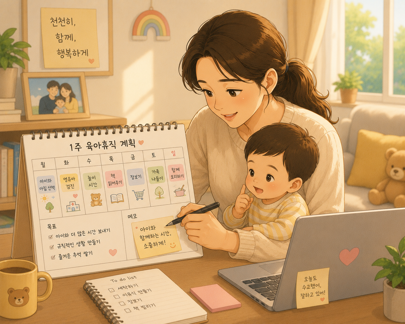 달력에 1주 일정을 표시하며 육아휴직 계획을 세우는 부모