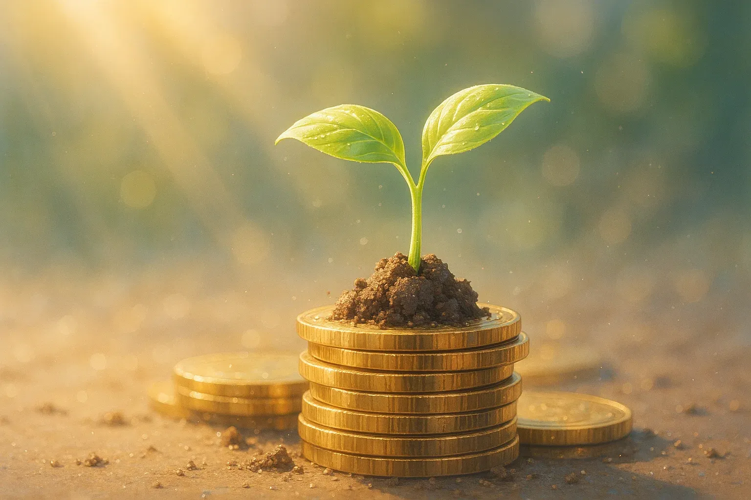 작은 씨앗에서 푸른 잎이 돋아나 동전 더미 위로 자라나는 모습을 담은 감성적인 일러스트