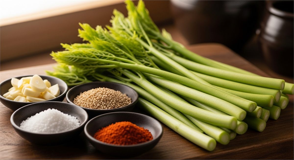 땅두릅과 간단한 양념 재료를 함께 놓은 건강 식재료 장면
