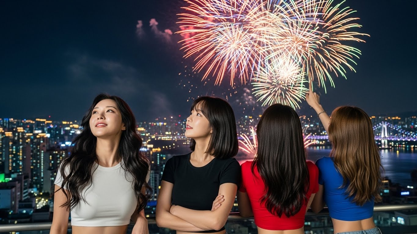 불꽃놀이를 구경하는 여자들