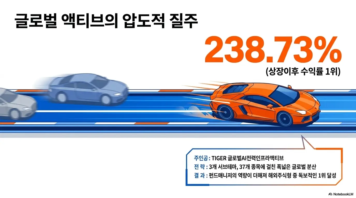 AI전력ETF 비교: 글로벌 액티브의 압도적 질주 238.73% 상장이후 수익률 1위라는 문구가 포함된 인포그래픽 이미지. TIGER 글로벌AI전력인프라액티브가 3개 서브테마 37개 종목에 걸친 글로벌 분산으로 해외주식형 중 독보적인 1위 수익률을 기록한 내용을 시각적으로 전달하며 블로그의 해외 AI 전력 ETF 성과 비교와 관련된 내용을 설명함