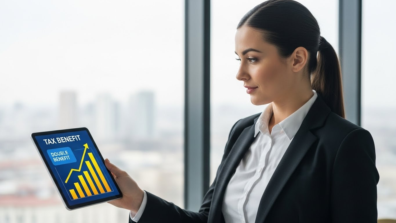 A confident office worker looking at a digital tablet showing a 'Tax Benefit' chart with an upward trend, symbolizing the double tax benefits for individuals.