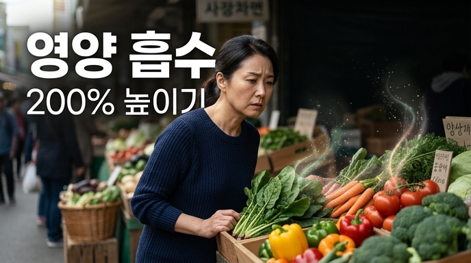 신선한 채소가 가득한 시장에서 영양 흡수를 200% 높이는 방법을 고민하는 주부의 모습