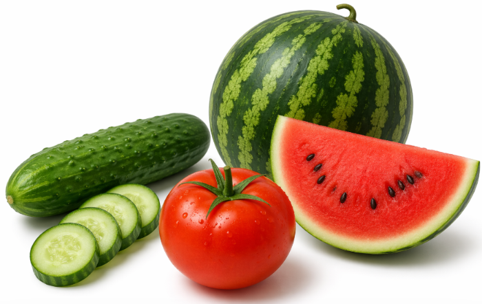 여름철 탈수 예방 음식 수박 오이 토마토 이미지, 수분 보충에 좋은 과일 채소 구성