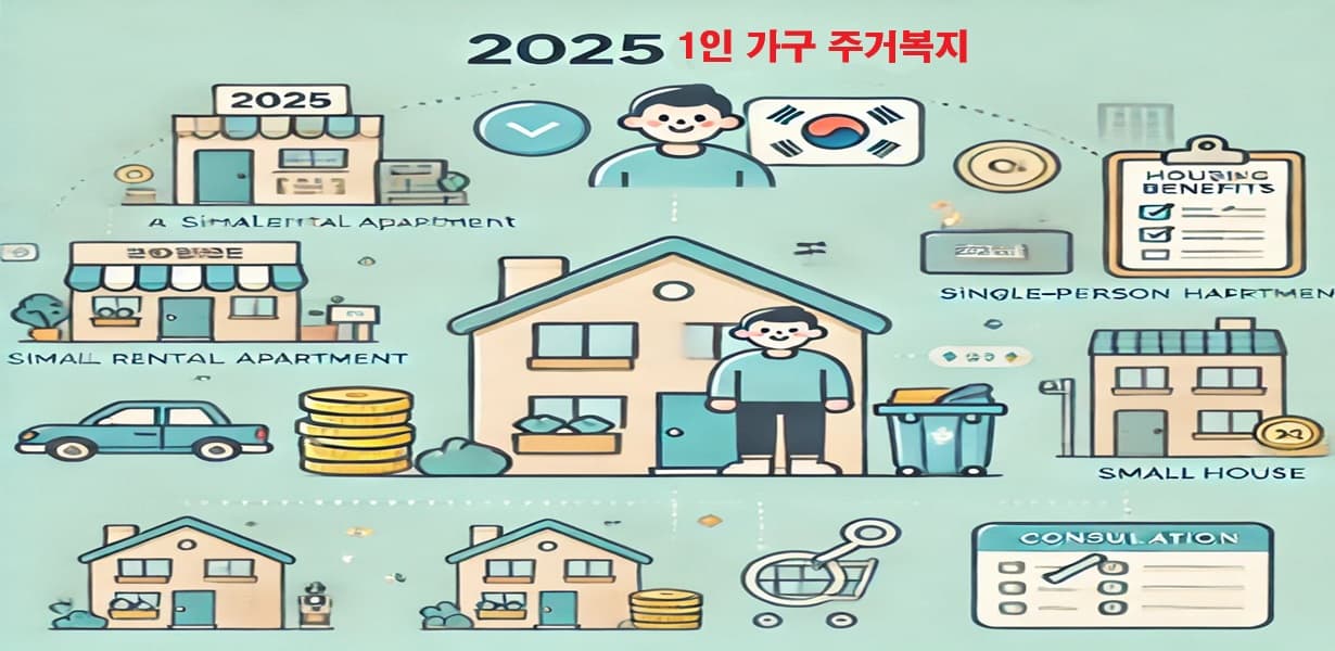 2025년 1인 가구 주거복지를 월세, 전세, 자가 형태로 나누어 표현한 대표 이미지 – 주택 유형과 복지 요소를 시각화함