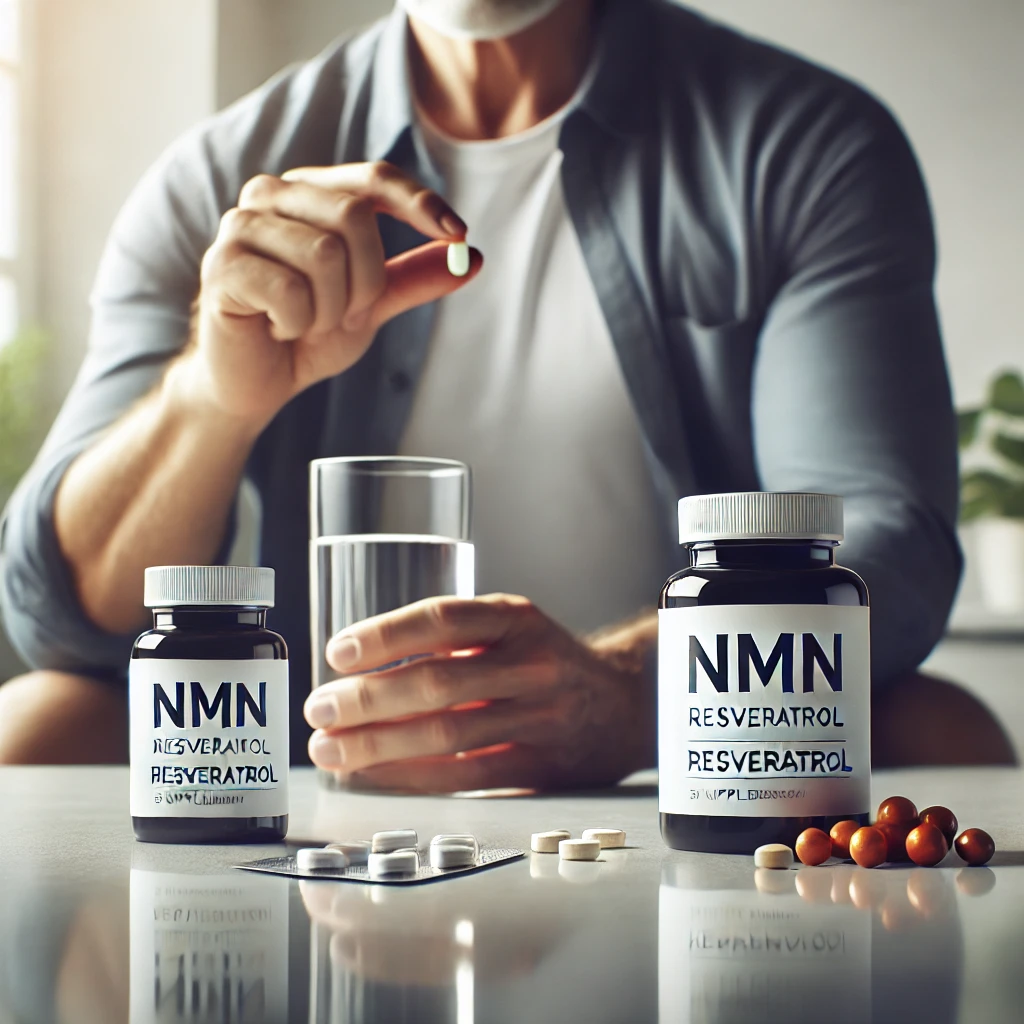 건강 보충제(NMN, 레스베라트롤 등)를 복용하는 모습