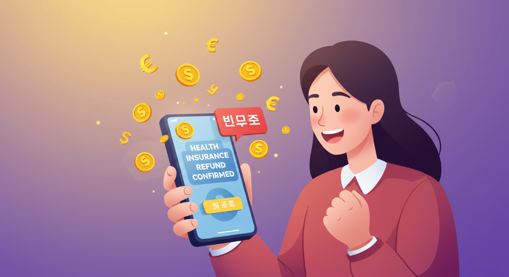 스마트폰으로 건강보험료 환급금을 확인하며 기뻐하는 사람의 모습