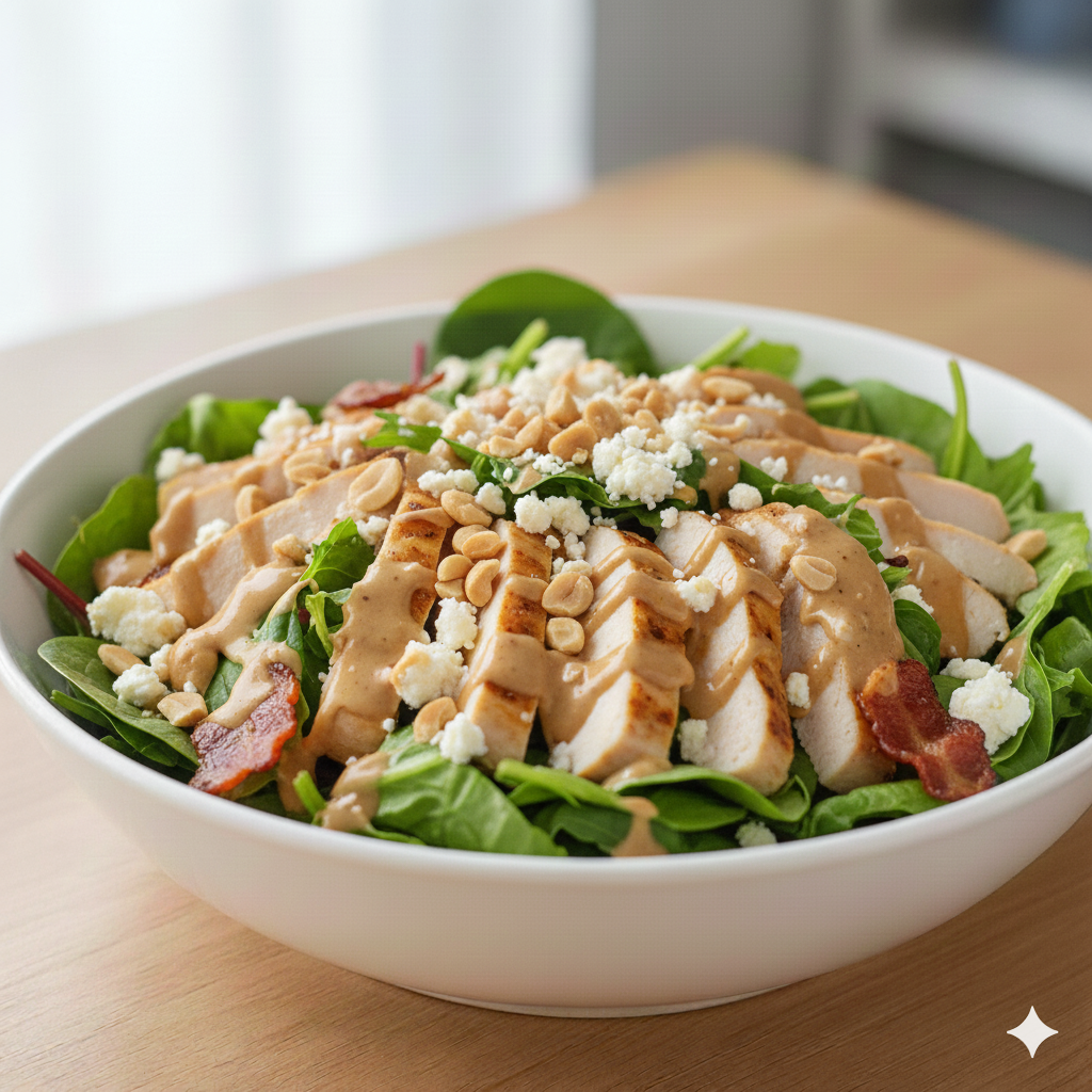 초록 야채와 닭가슴살에 바삭한 땅콩 토핑이 올라간 건강 샐러드