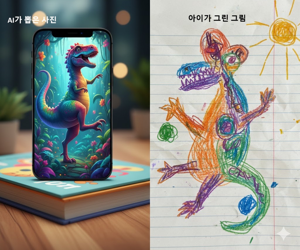 AI 그림과 아이의 낙서를 비교하며 인간 창의성의 가치를 탐구하는 모습