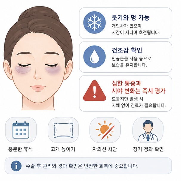 눈밑 수술 후 붓기와 건조감을 관찰하고 심한 통증이나 갑작스러운 시야 변화가 있으면 즉시 의료진의 평가를 받아야 함을 보여주는 그림