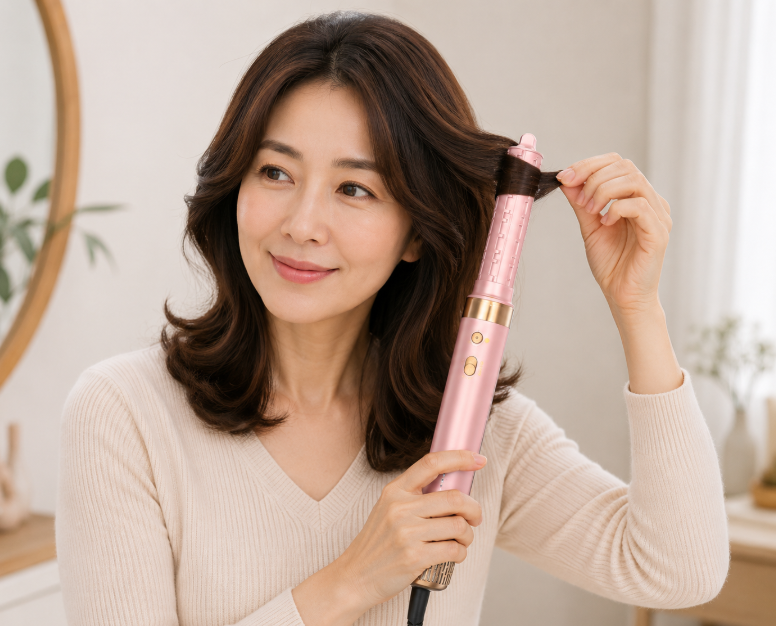 헤어스타일링 도구를 이용하여 머리연출하는 여성