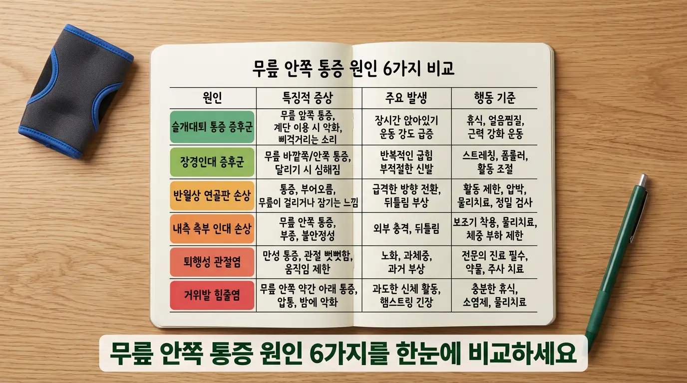 무릎 안쪽 통증 원인 6가지 특징 발생 행동기준 비교 정리