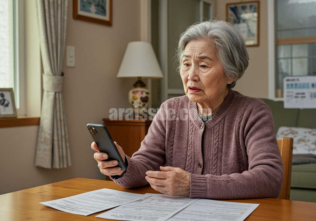 한국 고령 여성이 스마트폰을 들고 당황한 표정으로 보험 서류를 바라보고 있는 장면. 식탁 위에는 건강보험 청구 관련 서류가 펼쳐져 있으며, 단정한 가정집 배경이 일상적인 현실을 보여주는 이미지.