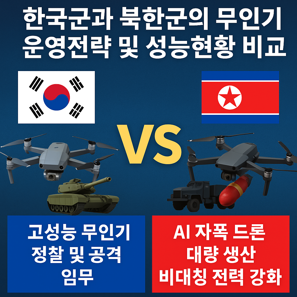 한국군과 북한군의 무인기 운영전략 및 성능 현황 비교. 한국군의 고성능 정찰 및 공격 무인기와 북한군의 AI 자폭 드론 대량 생산을 통한 비대칭 전력 강화를 대비한 이미지