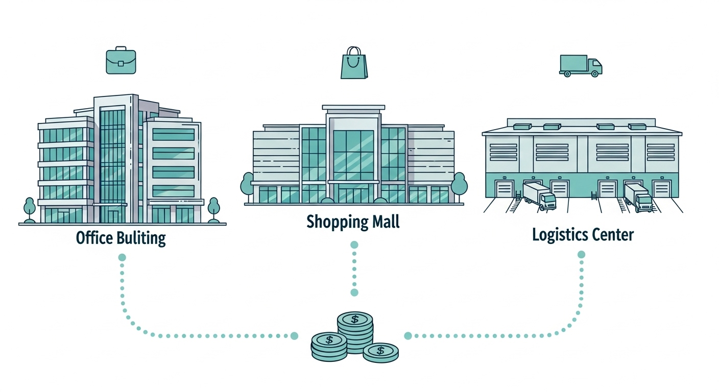 다양한 부동산(오피스, 쇼핑몰, 물류센터)에 소액으로 투자하는 리츠의 개념을 보여주는 깔끔한 일러스트.