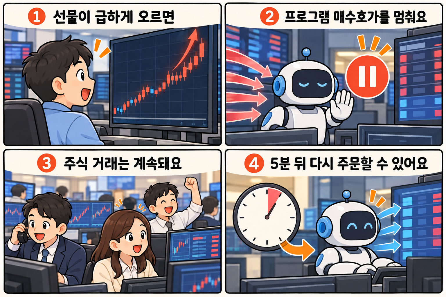 4컷 만화: 선물이 급하게 오르면 프로그램 매수호가를 5분간 멈춥니다. 주식 거래는 계속되며, 5분 뒤 해당 주문을 다시 낼 수 있습니다.