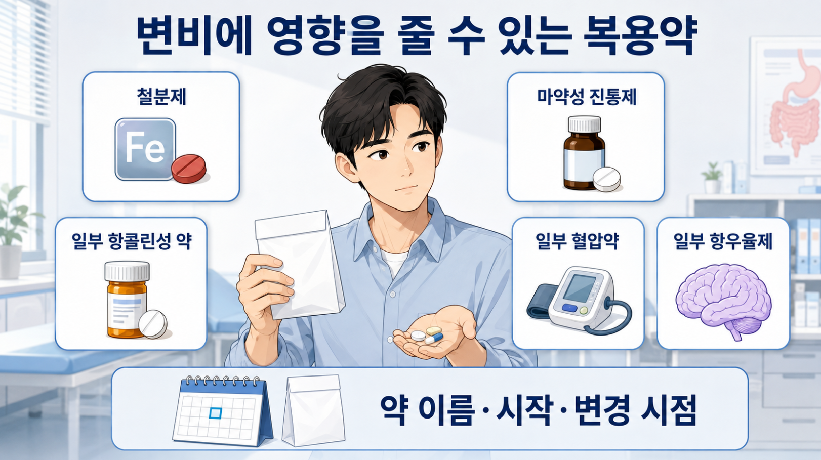철분제·마약성 진통제 등 변비에 영향을 줄 수 있는 복용약과 시작·변경 시점 확인