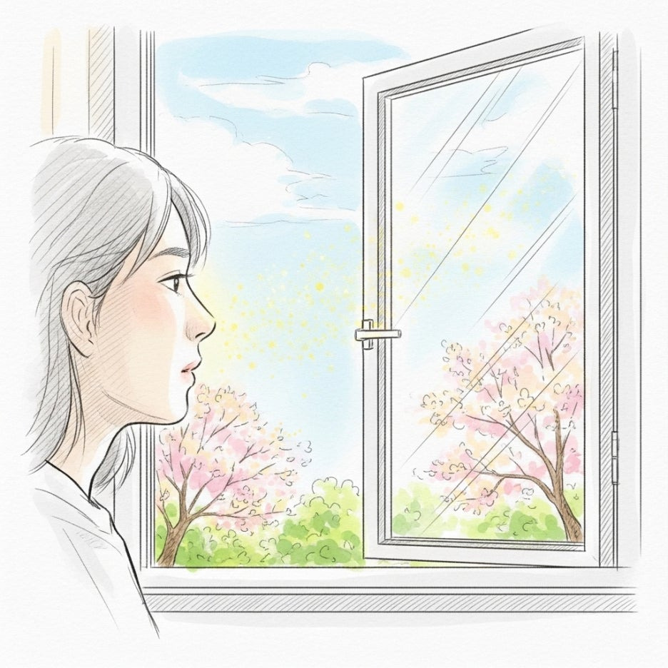 창문을 열어 밖을 내다보는 평온한 실내 분위기