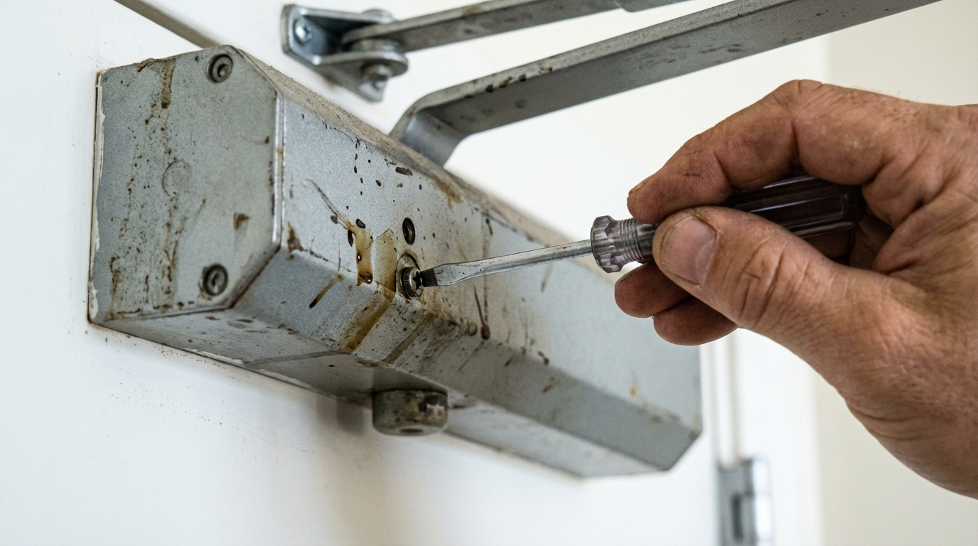 현관문 도어클로저 옆면의 조절 나사를 일자 드라이버로 돌리는 모습