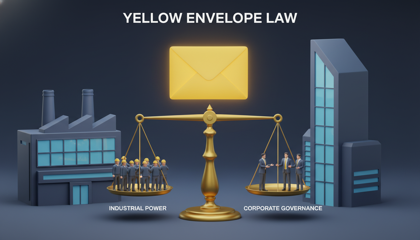 노란봉투법의 핵심인 노사 간의 균형과 권리를 상징하는 저울과 노란 봉투 일러스트