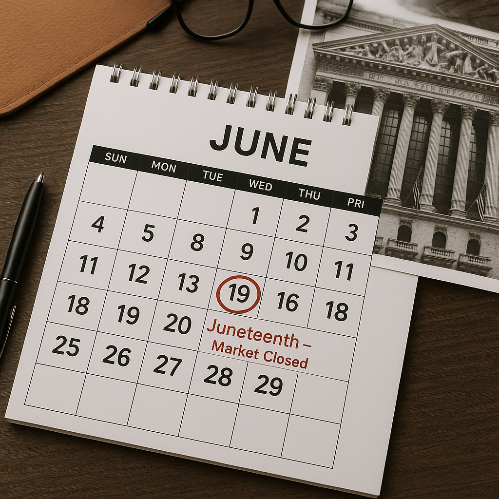 달력에 6월 19일 Juneteenth가 표시되어 있고 뉴욕증권거래소 건물이 보이는 이미지