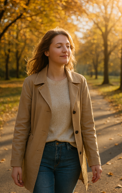 한 여성이 가을 햇살 아래 산책하며 기분을 회복하는 장면