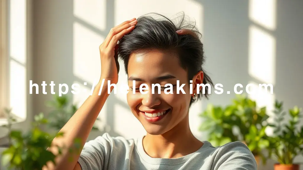 햇살이 비치는 차분한 공간에서 차분한 표정의 사람이 자신의 두피를 부드럽게 쓰다듬으며 긍정적인 미소를 짓는 모습.